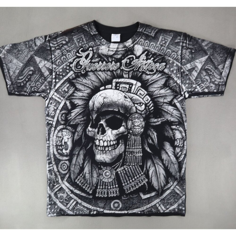 Vintage Aztec Warrior DOUBLE SIDED All Over T Shirt Sz L‎ Mexico LATINO Skull